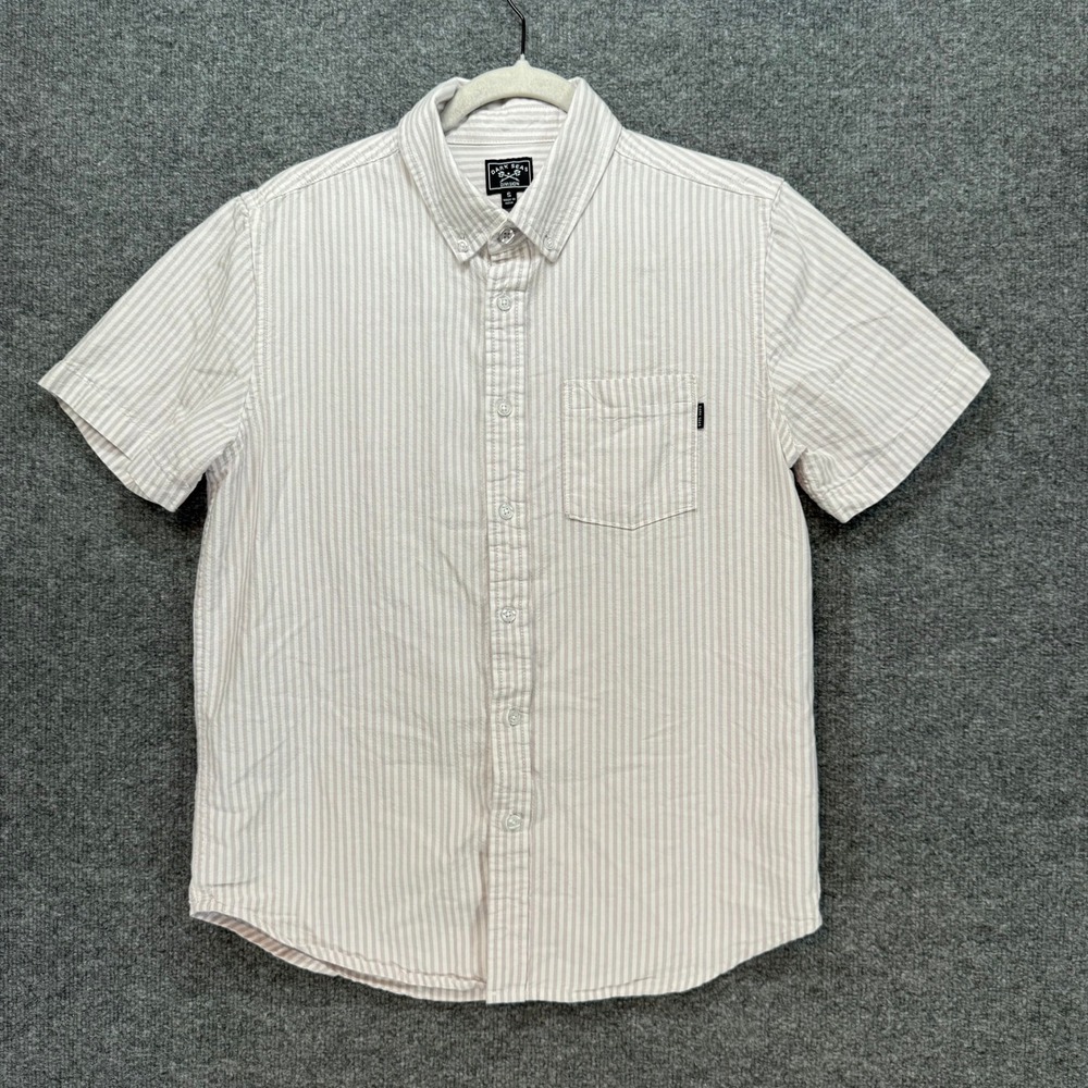 Dark Seas Button Up Shirt Men Small Tan Striped Short Sleeve Pocket Surf‎ Casual